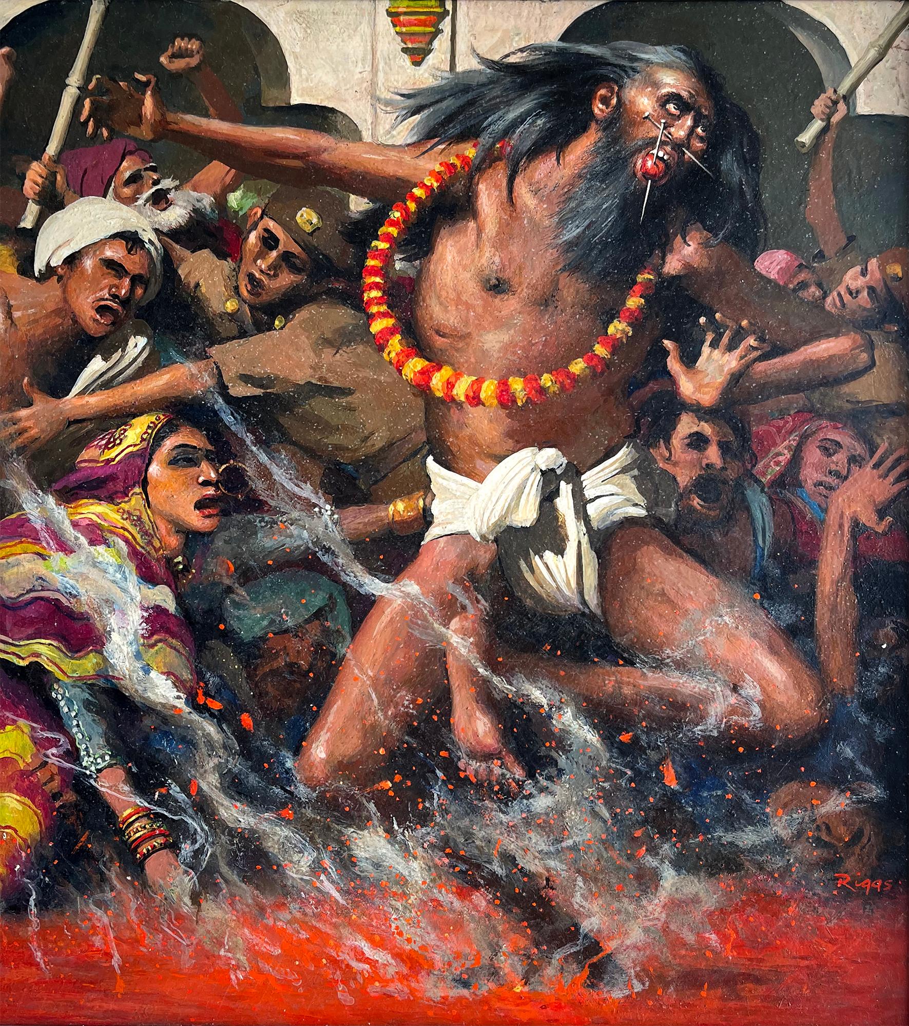 Robert Riggs Figurative Painting - Indian Ritual  Walking on Fire,  Firewalking Ceremony,  Mythology and Religion