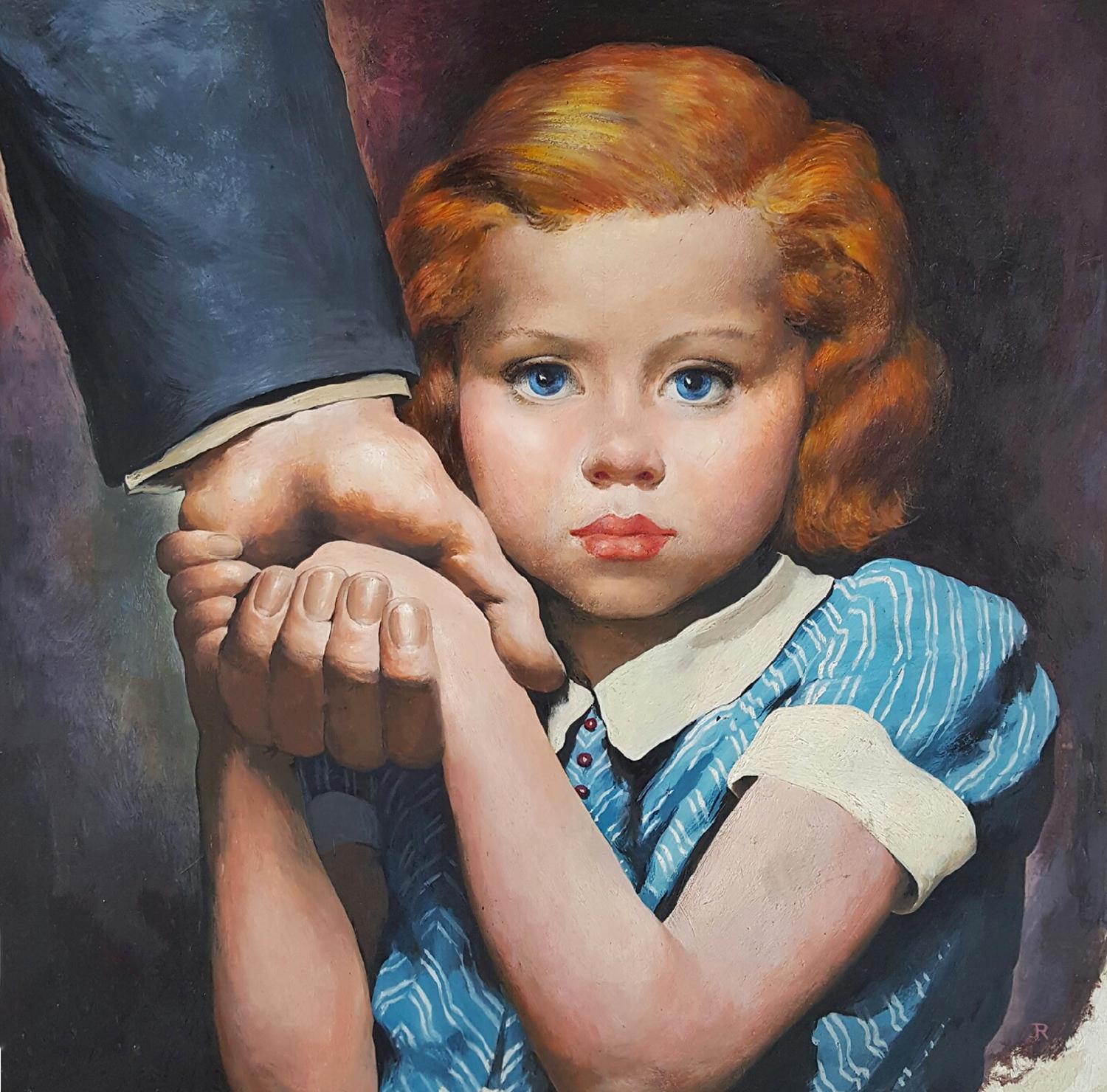 Robert Riggs Figurative Painting – Junges Mädchen mit rotem Kopf, das die Hand ihres Vaters hält, Illustration