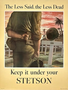 Póster original vintage de la Segunda Guerra Mundial con un sombrero Stetson: «The Less Said», de Robert Riggs, 1944, LRGE