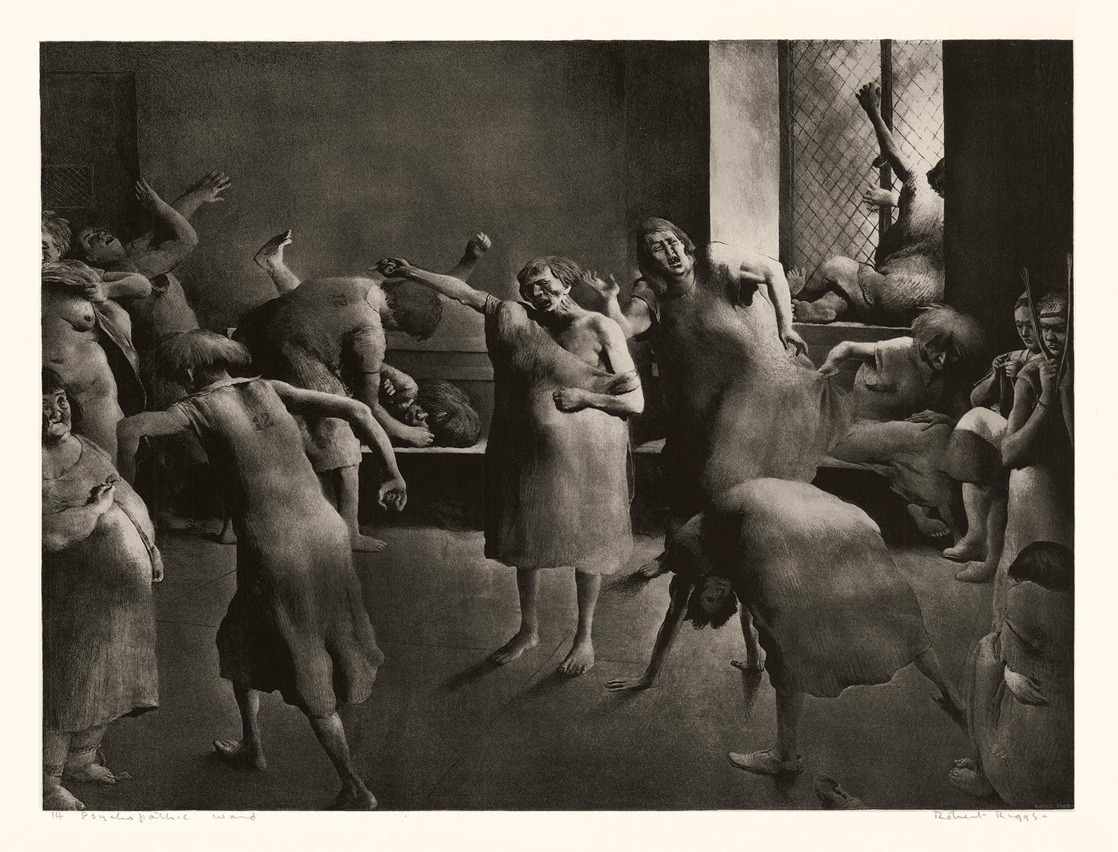 Robert Riggs Figurative Print - 'Psychopathic Ward' — American Socially-Conscious Realism, 1940s
