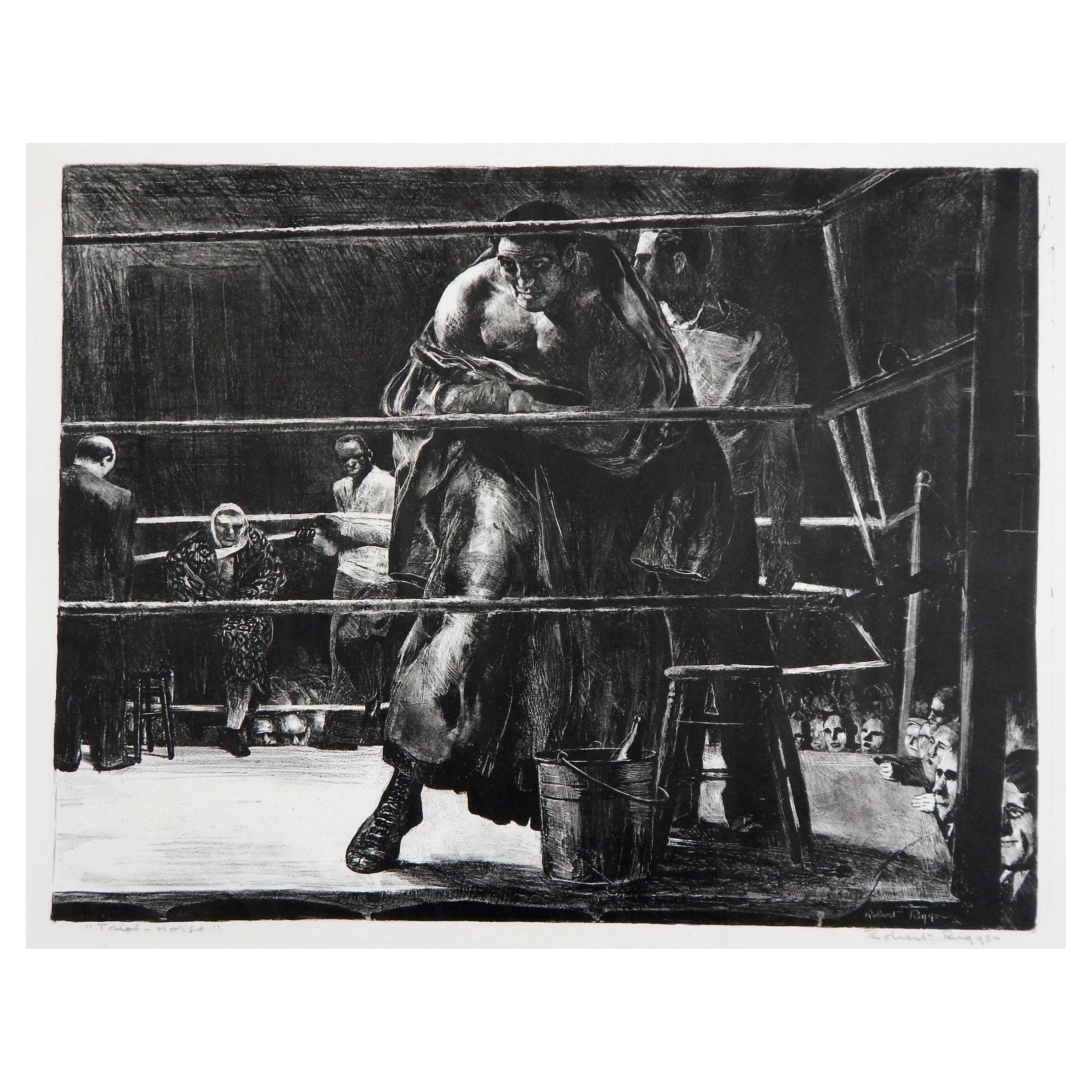 Soggetto di pugilato, litografia originale su pietra di Robert Riggs (1896-1970)
Intitolato a matita in basso a sinistra "Cavallo di prova".
Firmato a matita in basso a destra "Robert Riggs".
L'immagine misura 13 1/2" H. x 17 1/2" W.
La stampa è in