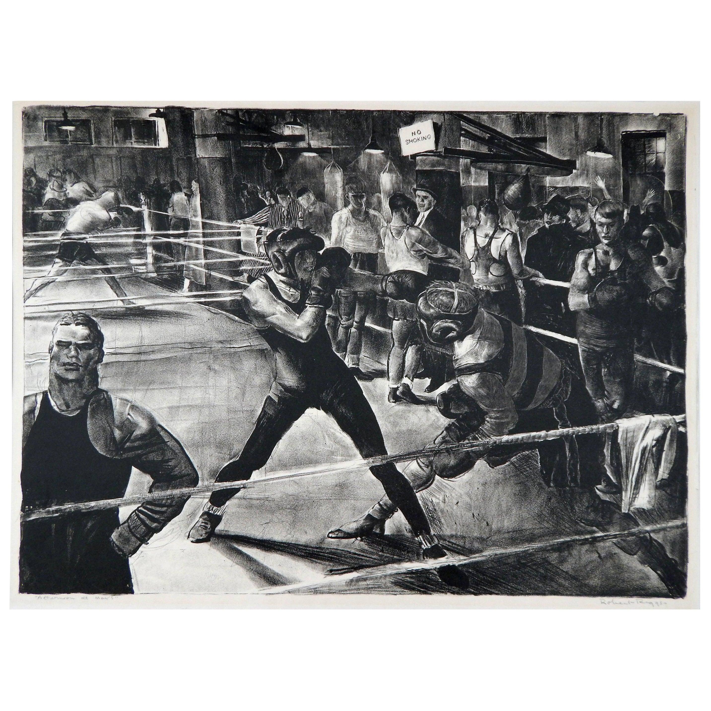 Boxing subject original stone lithograph by Robert Riggs (1896-1970)
Pencil titled lower left “Afternoon at Max’s”
Pencil signed lower right “Robert Riggs”
Image measures 15 1/8"h x 20 3/4"w.
The print is in excellent condition with full