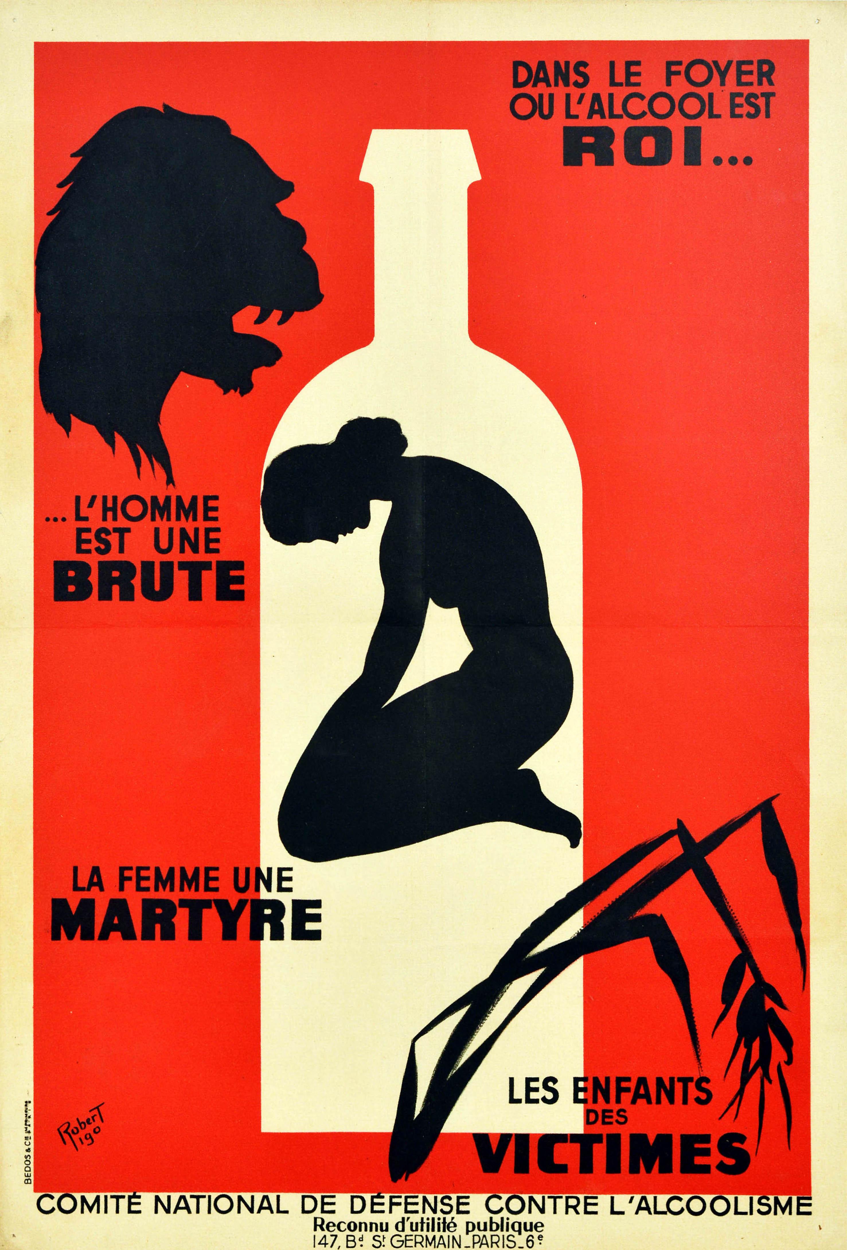 Robert Rigot Print - Original Vintage Poster L'Homme Est Une Brute ... Anti Alcohol Drink Propaganda