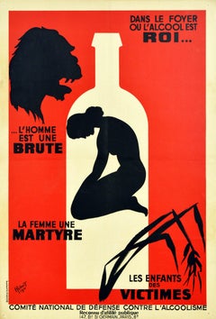Original Vintage Poster L'Homme Est Une Brute ... Anti Alcohol Drink Propaganda