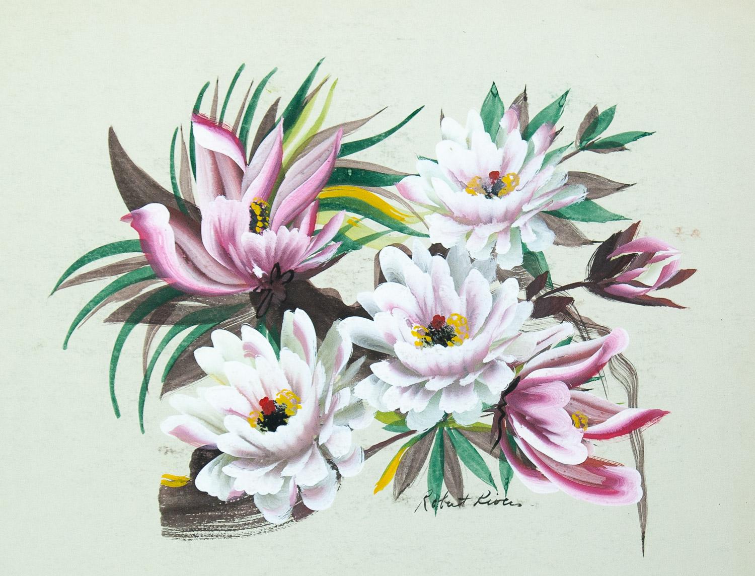Acquerello floreale #9 dell'artista americano Robert Rives. Rives utilizza il mezzo in tutta la sua profondità nei dettagli e nelle gamme di colori.   Dipinto su una tavola di carta pesante con gouache (acquerello più spesso) in buone condizioni.
