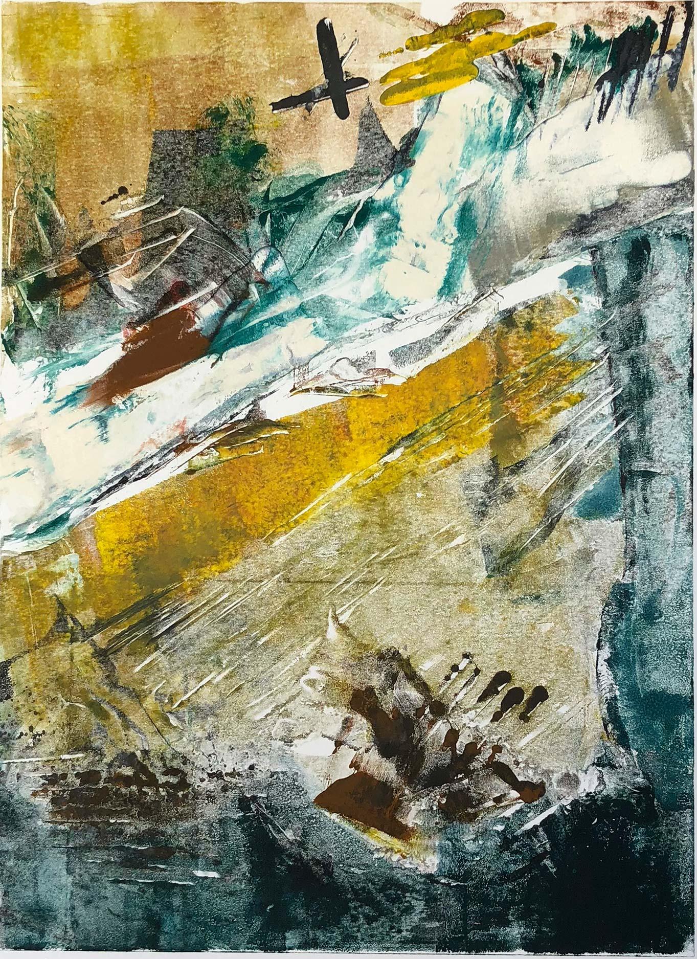 Unique monotype, signed and numbered 1/1.

Artist Robert Roach lives and works in Santa Fe, New Mexico.  His one-of-a-kind, abstract monoprints are inspired by the landscape, climate and light of the American Southwest.  He has been shown in a