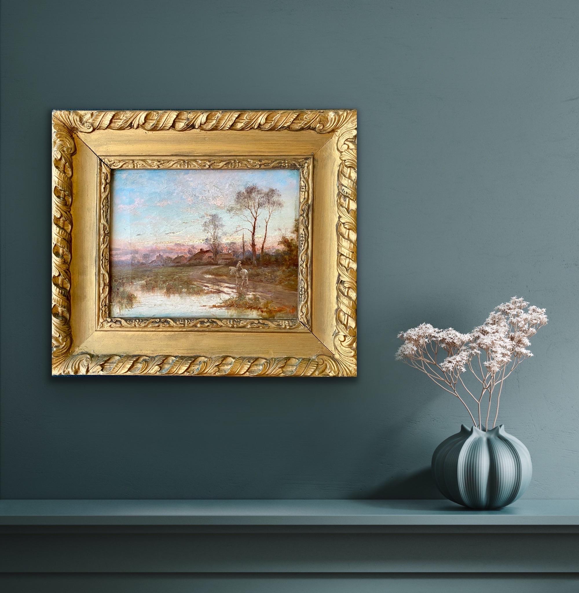 19th century English countryside landscape painting at sunset

This peaceful painting depicts an English countryside scenery during the early evening. In the foreground a man can be seen riding on his horse, returning home for the evening. The