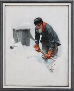 Old Man Shoveling Snow and Smoking Pipe