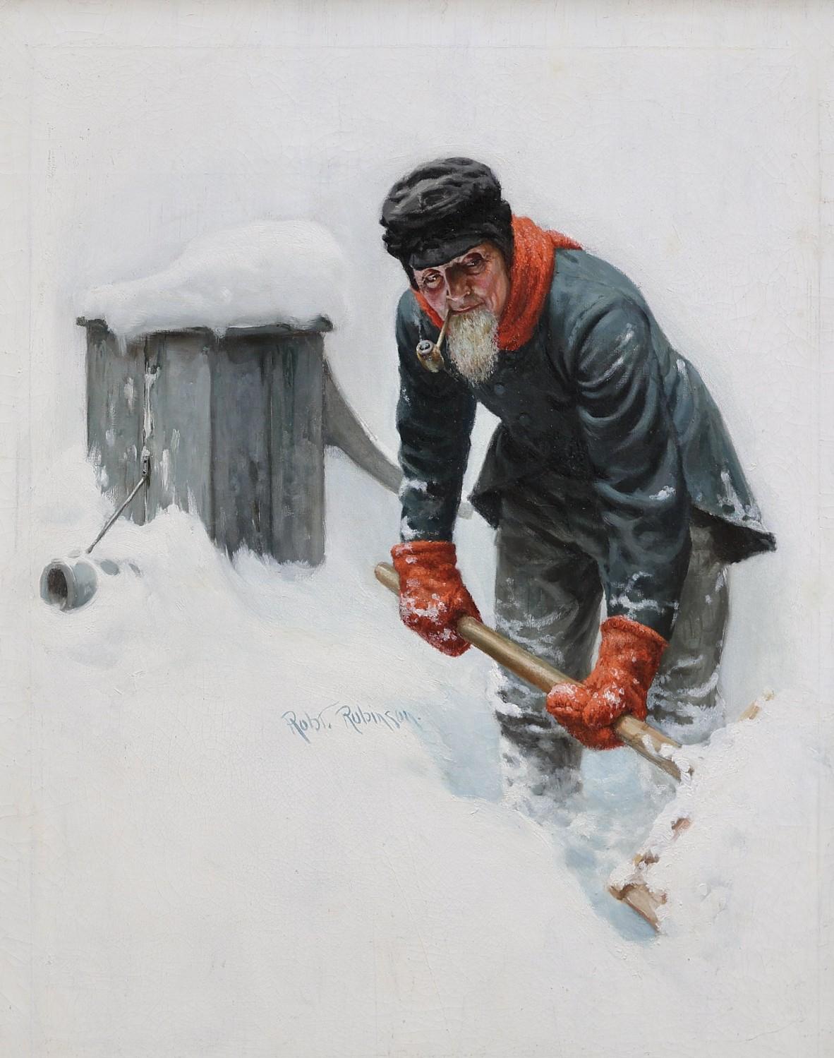 Robert Robinson Figurative Painting - Old Man Shoveling Snow and Smoking Pipe
