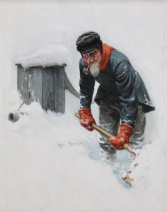 Old Man Shoveling Snow and Smoking Pipe