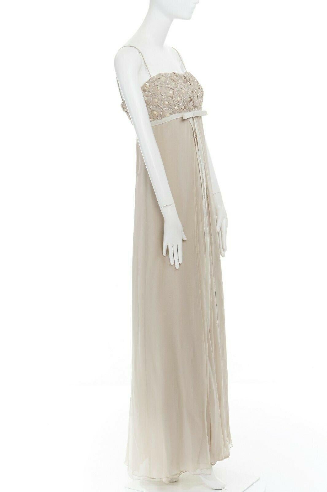 Beige ROBERT RODRIGUEZ blush silk jewel sequins embellished velvet bow evening gown M
