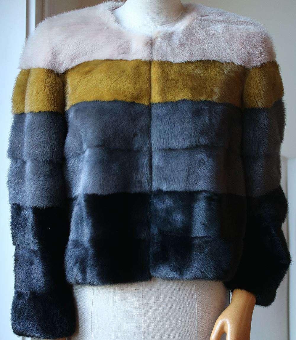 Robert Rodriguez ocher, grey and black striped mink fur jacket. Jewel neck, side on-seam pockets. Concealed hook-and-eye closure at front. 
Lined with polished twill. 
100% dyed mink fur.

Size: UK 8, US 4, FR 36, IT 40

Condition: As new condition,