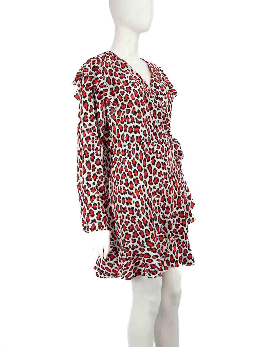 CONDITION is Very good. Hardly any visible wear to dress is evident on this used Robert Rodriguez designer resale item.
 
 Details
 Red
 Polyester
 Dress
 Leopard print
 Long sleeves
 V-neck
 Mini
 Ruffle trim
 Front tie fastening
 Side zip
