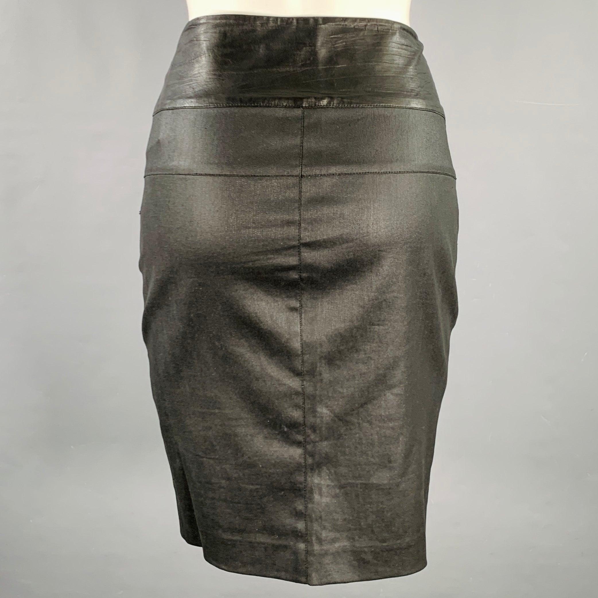 ROBERT RODRIGUEZ skirt
in a black coated cotton blend twill featuring a leather waistband trim, pencil style, and invisible side zipper closure.Excellent Pre-Owned Condition. 

Marked:   8 

Measurements: 
  Waist: 31 inches Hip: 34 inches Length: