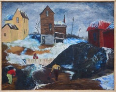 Vintage "Coal Yard" Red, Blue, and Brown Abstract Figurative Painting of a Mining Scene