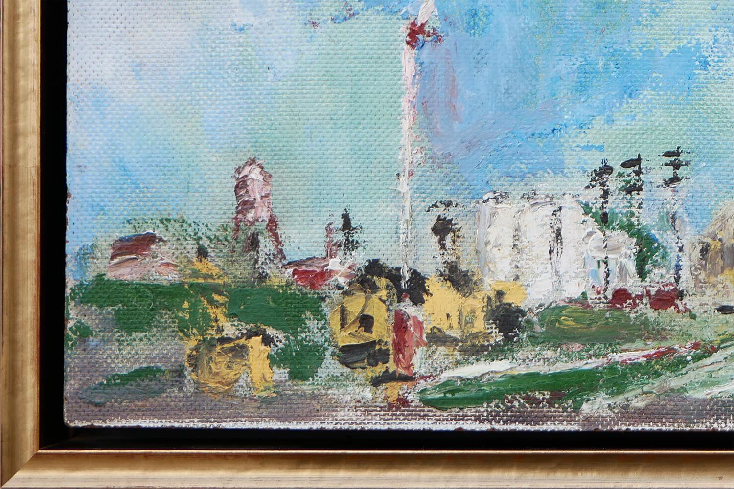 Sky blue-toned abstract impressionist painting by Houston, TX artist Robert Rogan. This painting depicts a railroad with yellow rail freight cars by a village. Signed and dated by the artist at the lower right. Framed in a gold floating frame