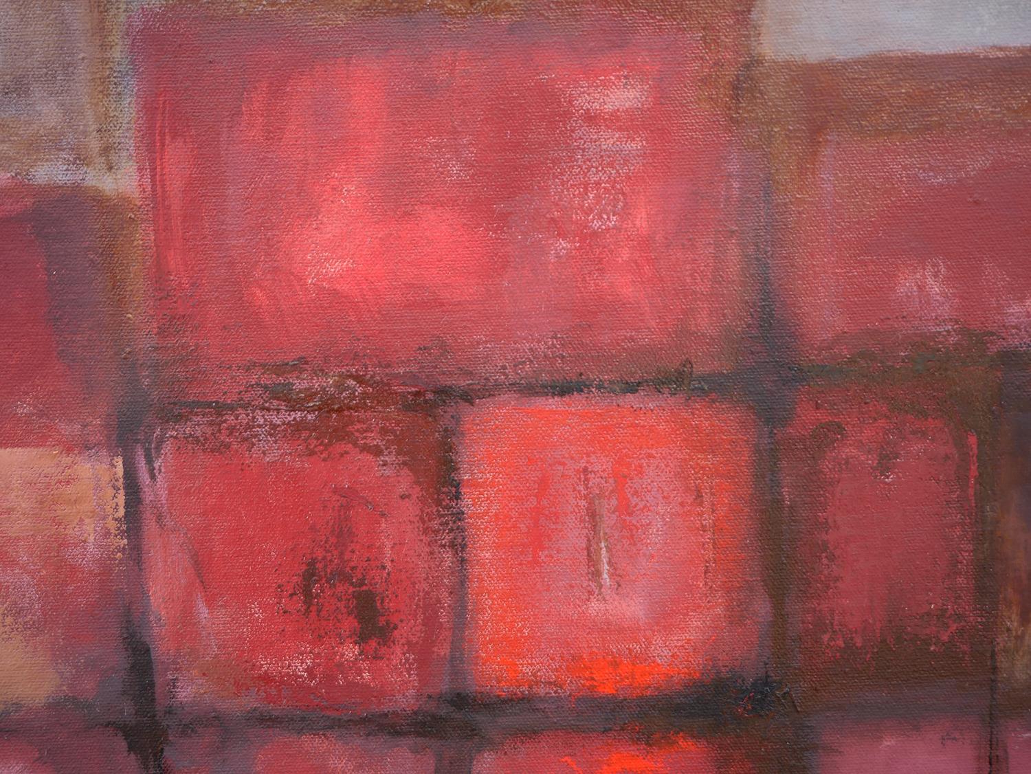 Red-toned geometric abstract painting by Houston, TX artist Robert Rogan. This painting depicts a series of abstract squares that resemble buildings/establishments that are reflected along a body of water. Signed by the artist at the lower right.