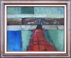 „Untitled (Red Pathway)“ Blaues und rotes geometrisches abstraktes Pathway-Gemälde