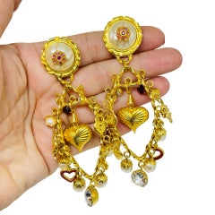 ROBERT ROSE signed vintage gold rhinestones pearls dangle designer clip earrings