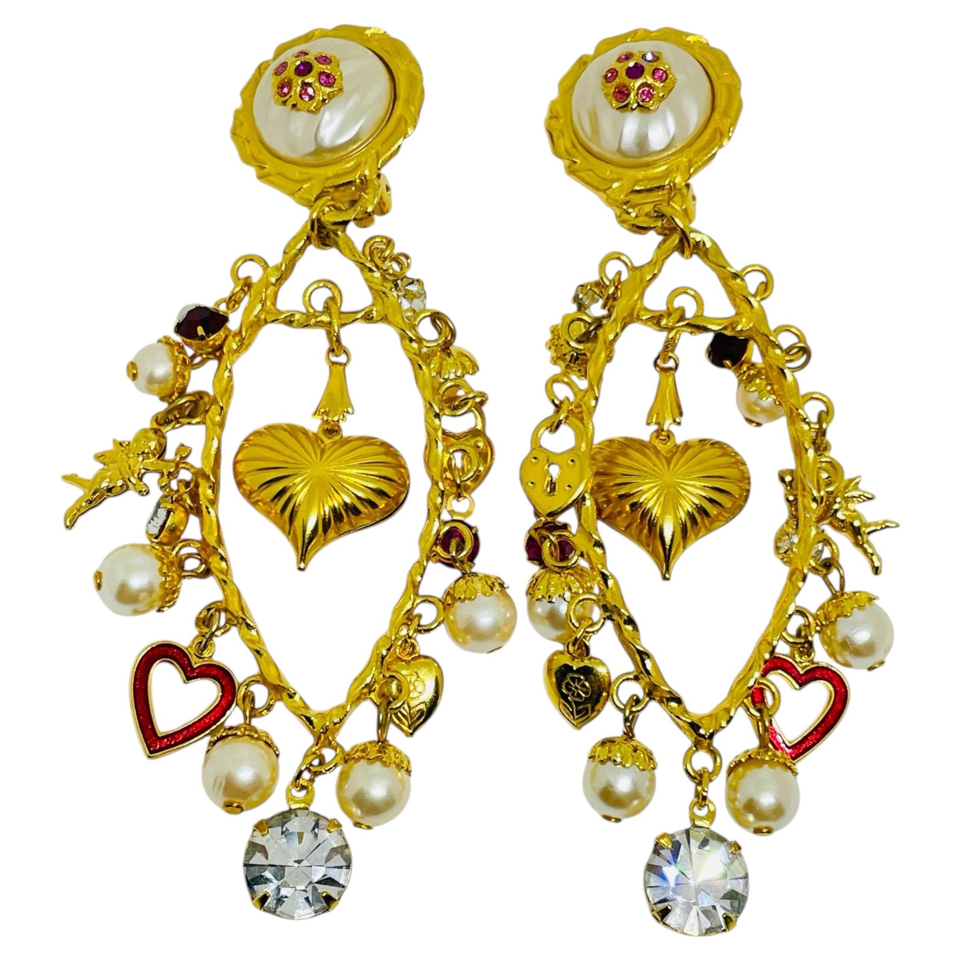 Orecchini a clip firmati ROBERT ROSE, vintage, con strass dorati e perle, a pendente