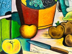French Cubist Still Life Signed Painting Fruit & Wine on Table, 20th century