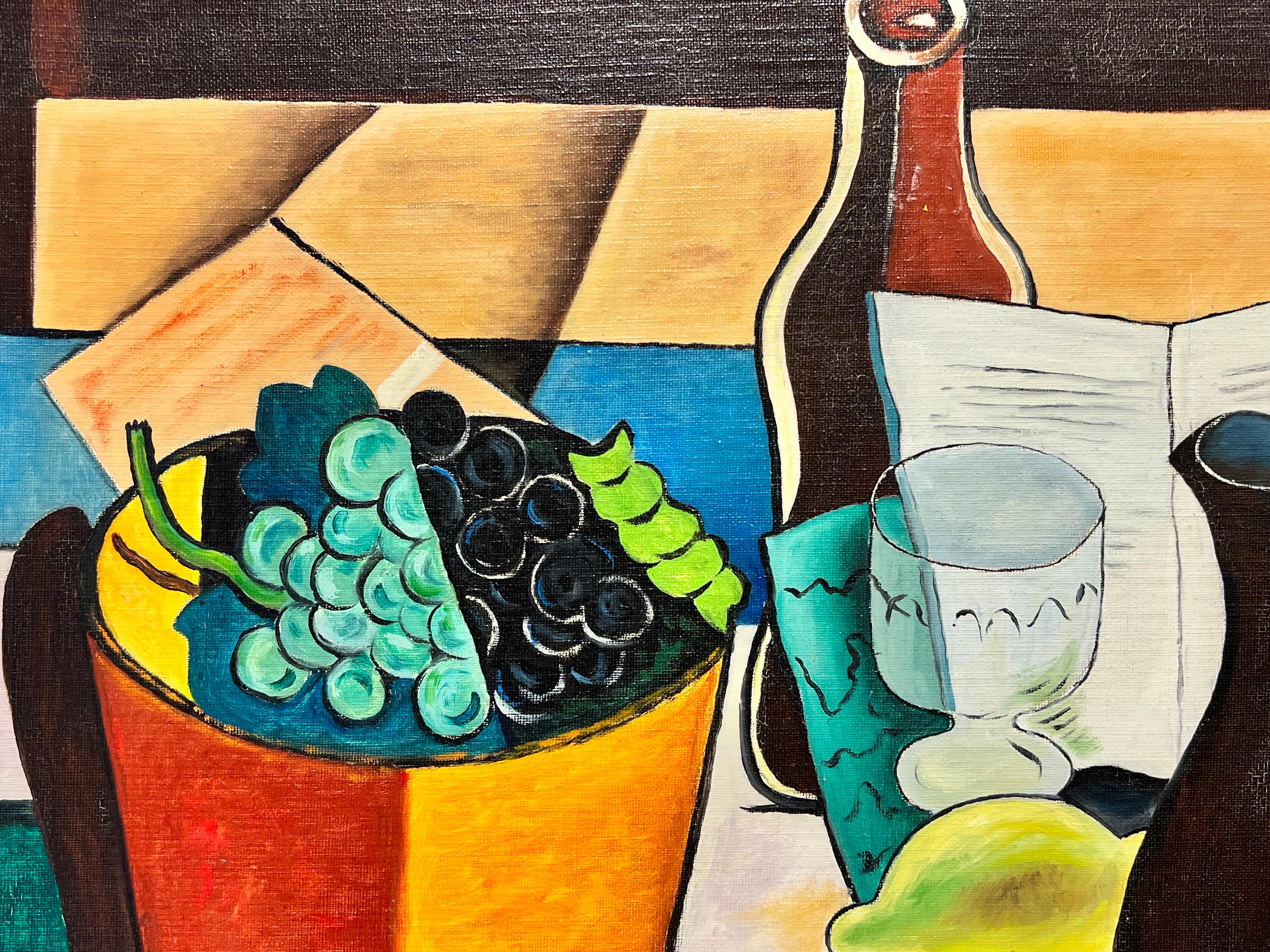 French Cubist Still Life Signed Painting Fruit & Wine on Table, 20th century For Sale 1