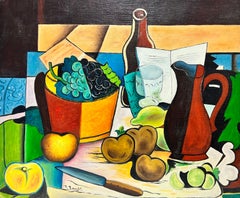 French Cubist Still Life Signed Painting Fruit & Wine on Table, 20th century