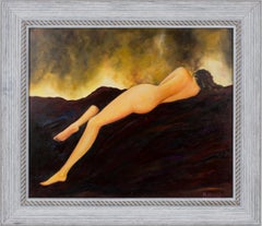Long Brown Hair Lying Nude Study Oil on Canvas Painting by Robert Roujas