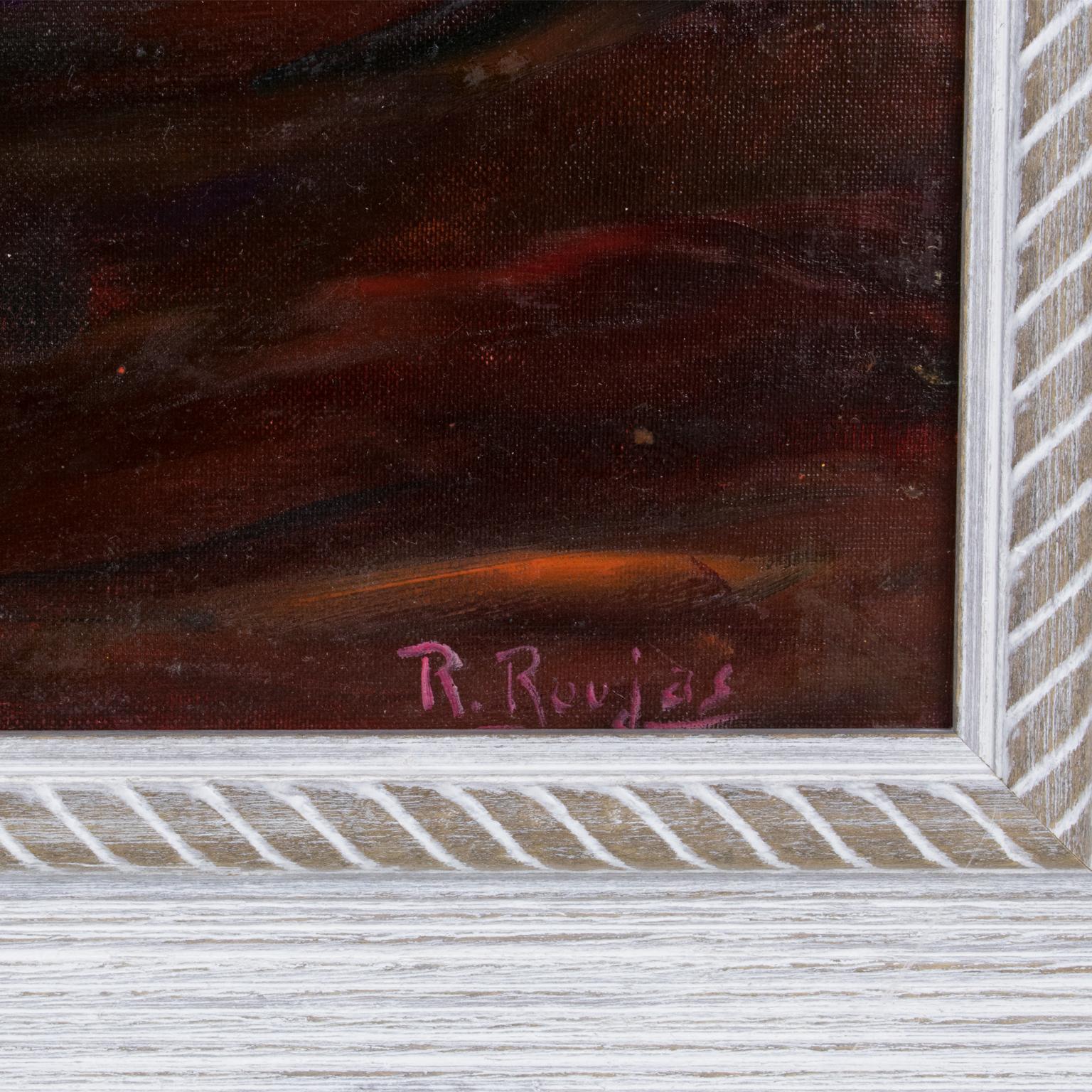 Cette charmante peinture à l'huile sur toile marouflée a été conçue par Robert Roujas (1908-2000). Cette composition romantique présente une étude d'un nu allongé vu de dos dans une position de fatigue. Le contraste des couleurs de l'arrière-plan