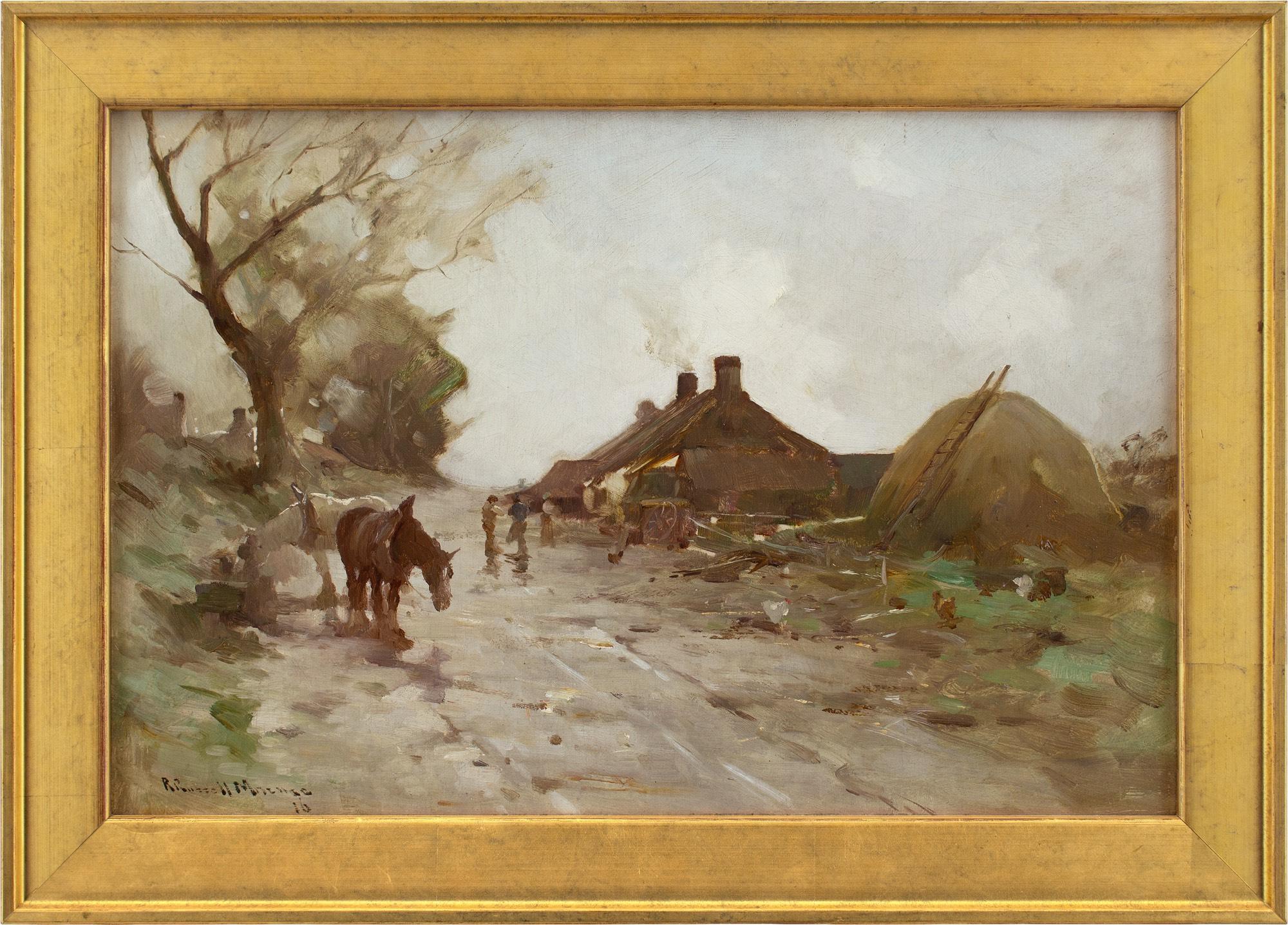 Questo suggestivo dipinto a olio dei primi del Novecento dell'artista scozzese Robert Russell Macnee RGI (1880-1952) raffigura una fattoria con una pista, cavalli e figure. MacNee era un abile pittore di paesaggi.

Avvolti in un bagliore argenteo,