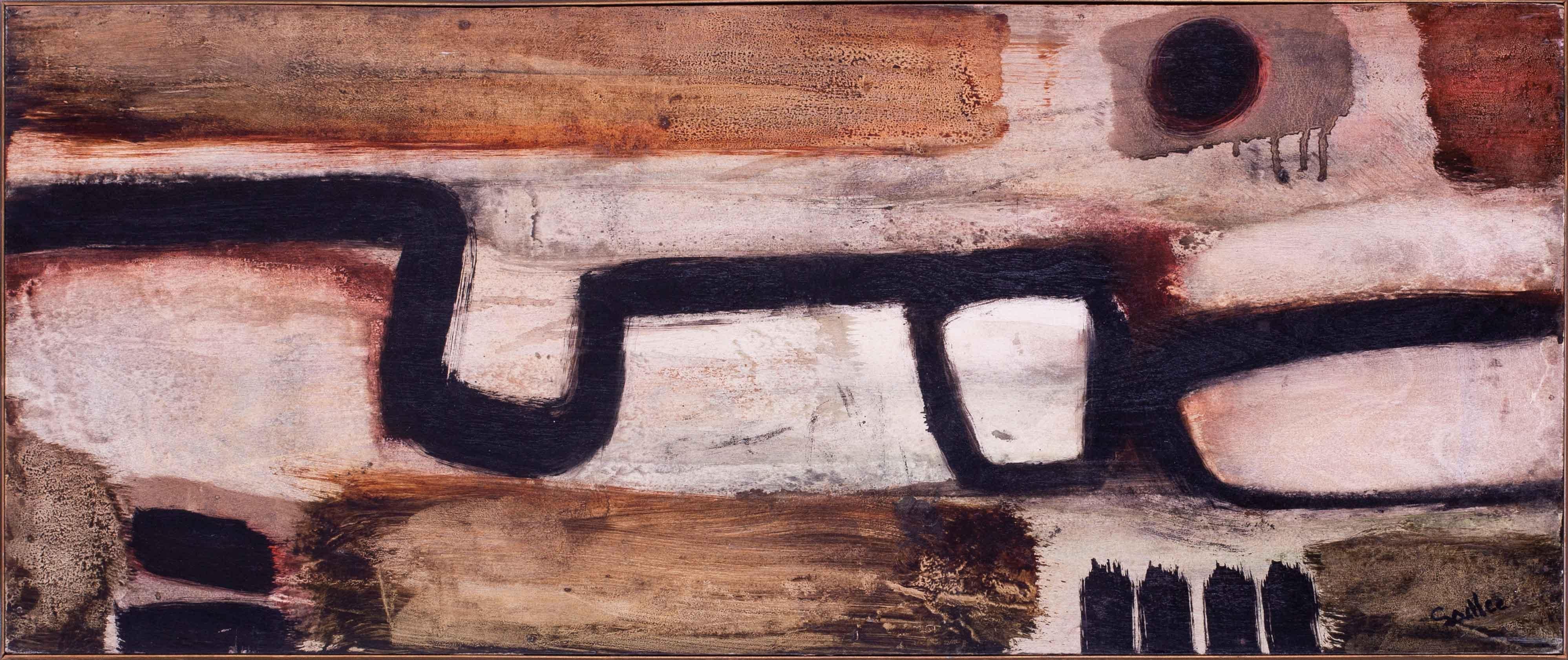 Robert Sadler (Regno Unito, 1909 - 2001)
Estratto rurale 1962
Olio su tavola
Firmato 'Sadler' (in basso a destra)
12.3/4 x 30.3/8 in. (32.3 x 77.3 cm.)

Robert Sadler nacque nel 1909 a Newmarket, nel Suffolk, come secondo figlio di un allenatore di