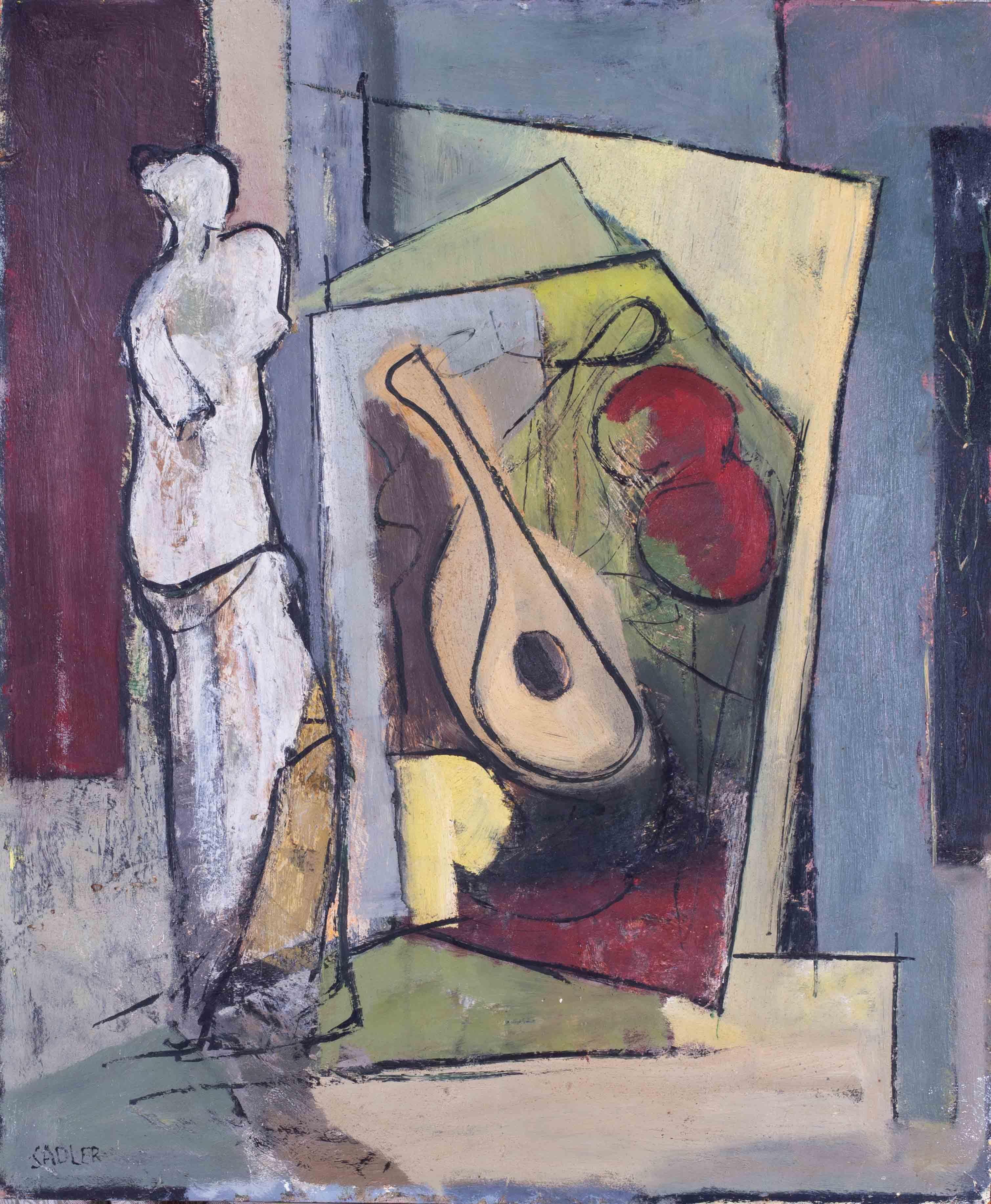 A very attractive cubist still life with statue and guitar by Modern British artist Robert Sadler.

The details of the work are as follows: 

Robert Sadler (British, 1909 – 2001)
Venus de Milo and guitar, circa 1960
Oil on board
Signed ‘SADLER’