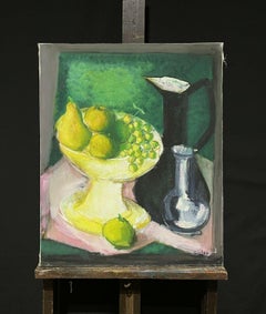 Large 1970's French Modernist Signed Oil Beautiful Still Life Fruit & Colors