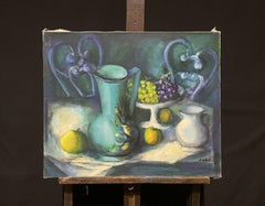 Signed French Modernist Still Life Oil Painting Beautiful Teal & Yellow Colors