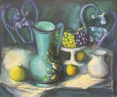 Signed French Modernist Still Life Oil Painting Beautiful Teal & Yellow Colors