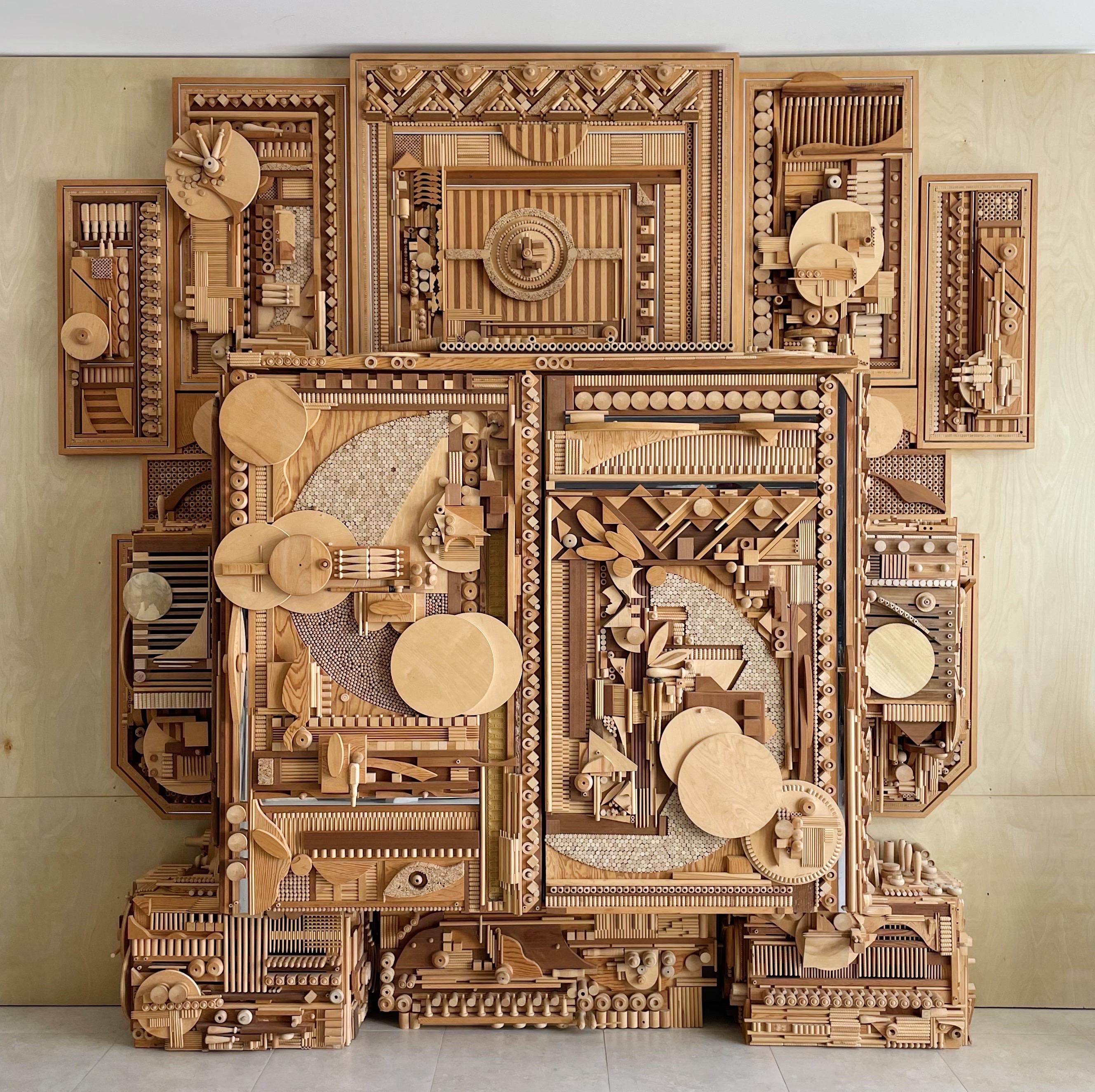 Mid-Century Modern Robert Salleroli American Abstract Wood Assemblage Monumental Cabinet  For Sale