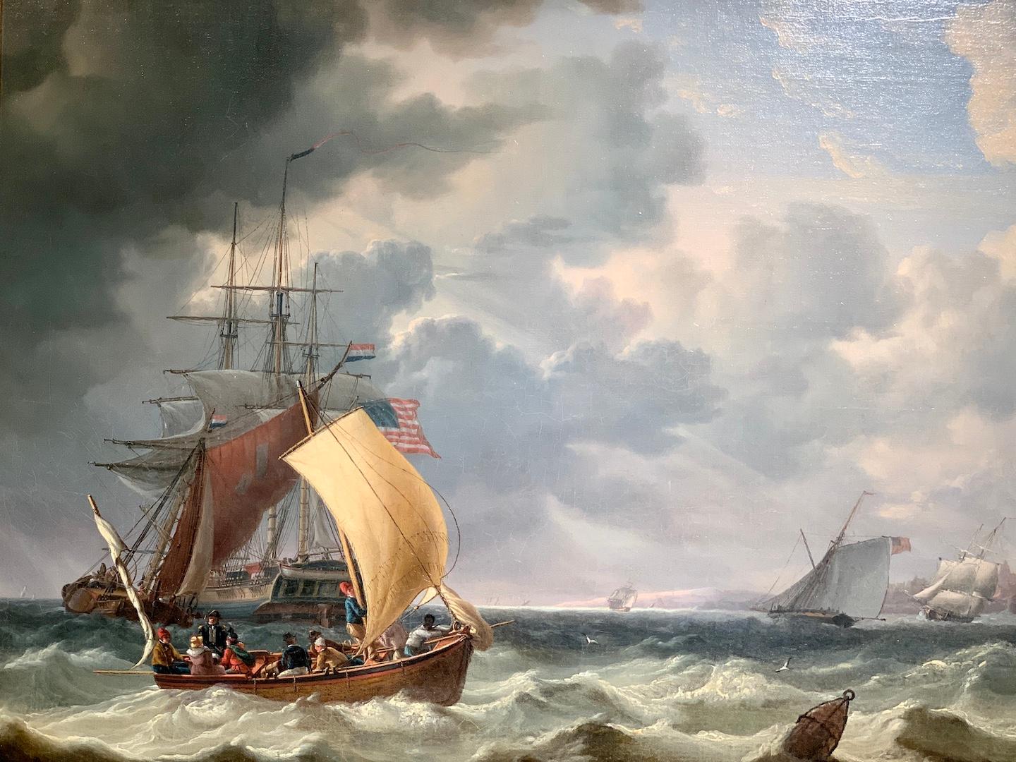19th century American, Dutch and English shipping scene off a city coastline - Painting by Robert Salmon