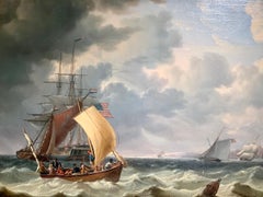 19th century American, Dutch and English shipping scene off a city coastline