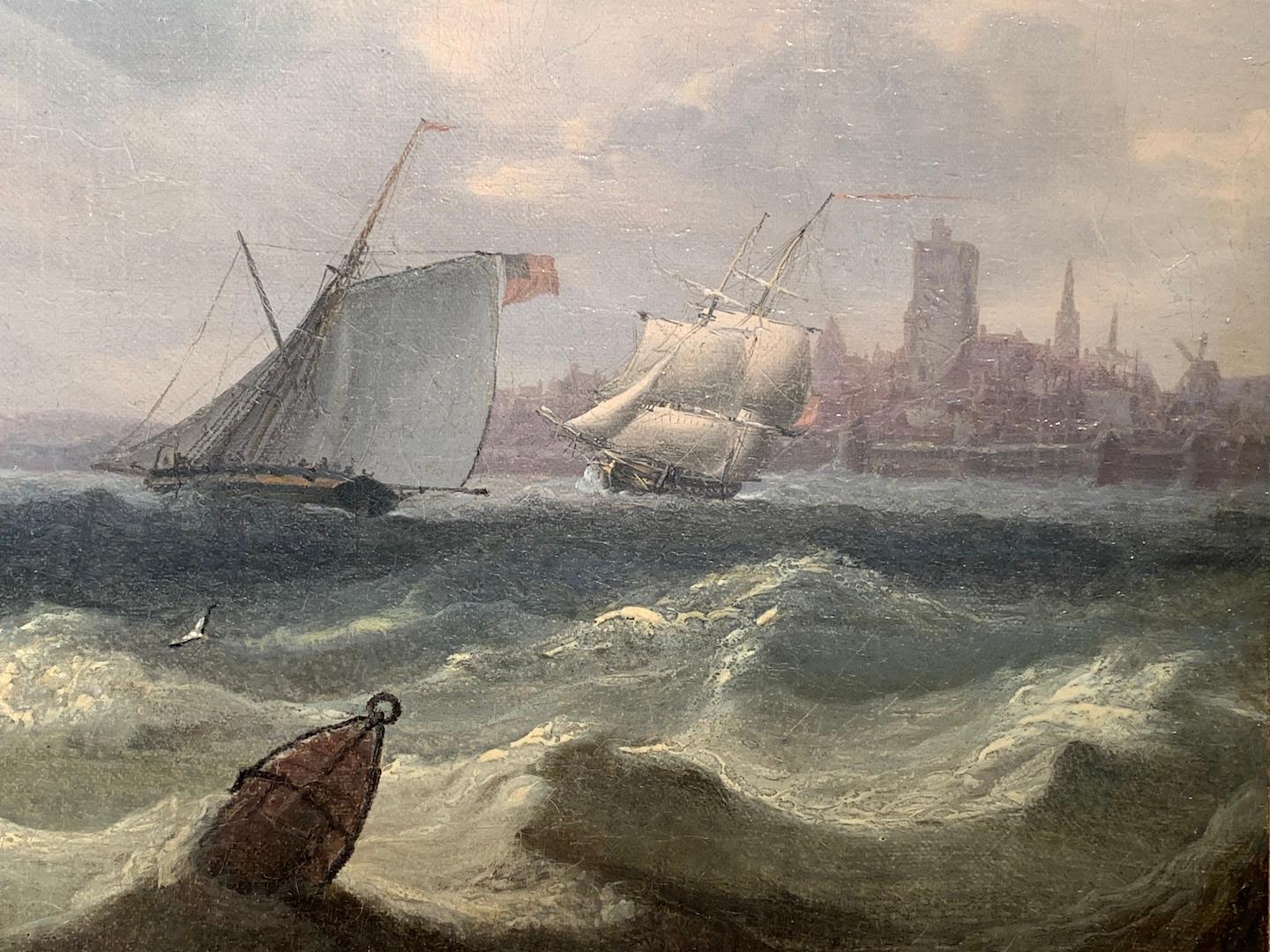 19th century American, Dutch and English shipping scene off a city coastline - Victorian Painting by Robert Salmon