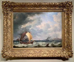 19th century American, Dutch and English shipping scene off a city coastline