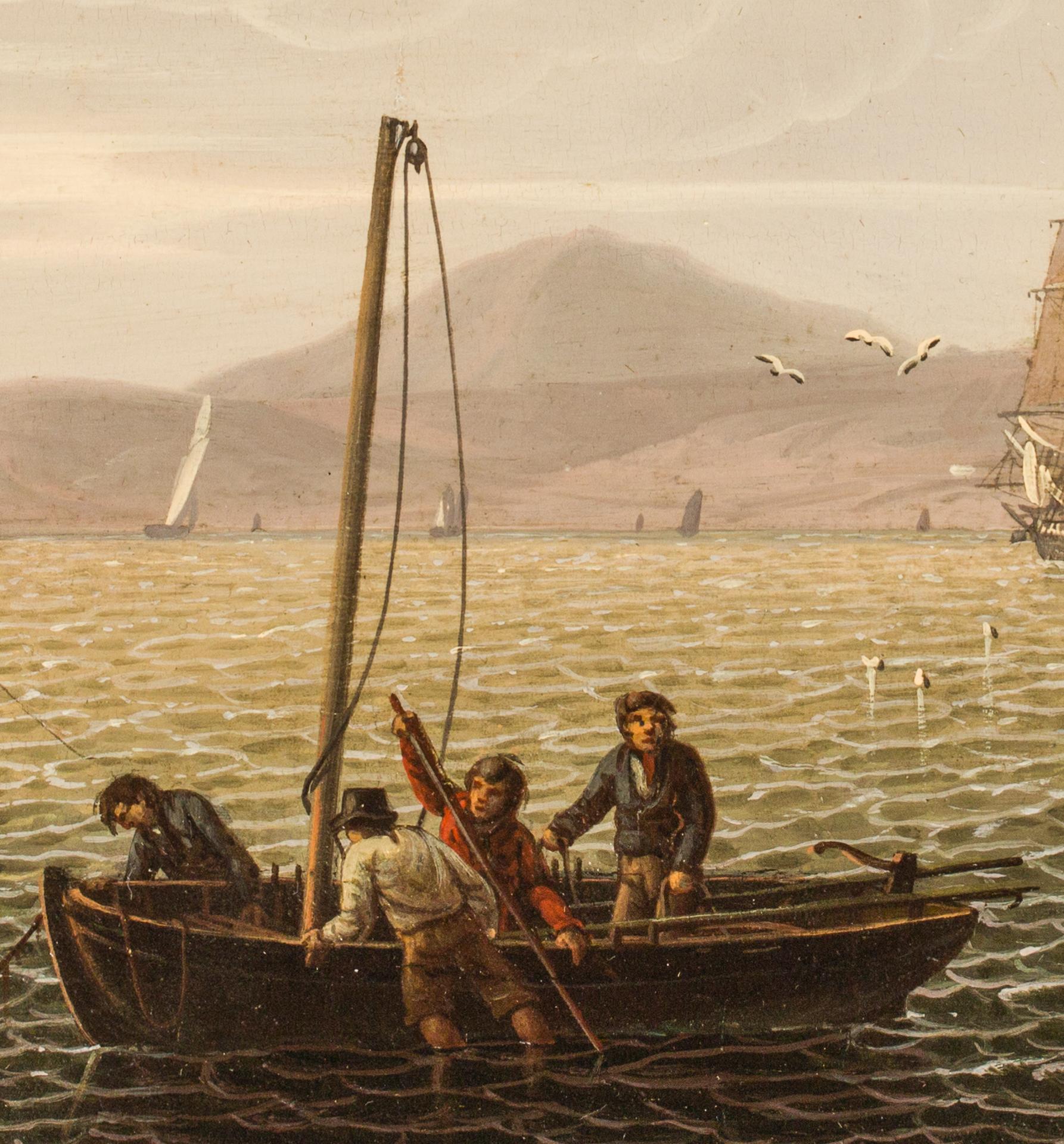 This view by Robert Salmon shows diverse maritime activity on the narrow waterway known as The Kyles of Bute, in the Firth of Clyde. On the central horizon rises the peak on Bute Island above Black (Farland) Point, identifying the popular cruising