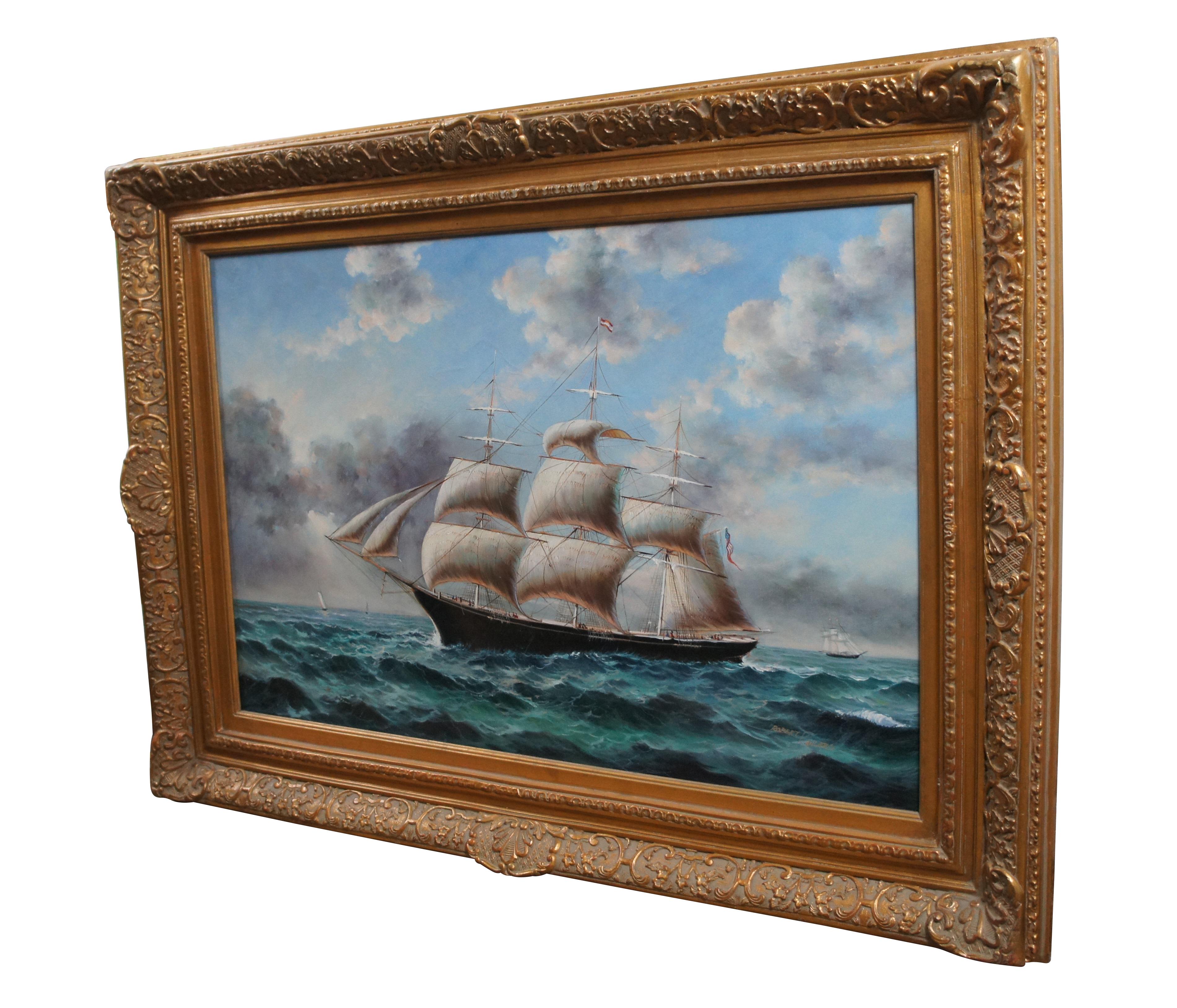 Une grande et impressionnante peinture à l'huile maritime sur toile exécutée par Robert Sanders représentant une barque / galion / clipper battant pavillon autrichien et américain avec plusieurs autres voiliers à l'arrière-plan. Signé en bas à