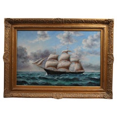 Retro Robert Sanders American Clipper Ship Nautical Maritime Seascape Oil Painting 46"