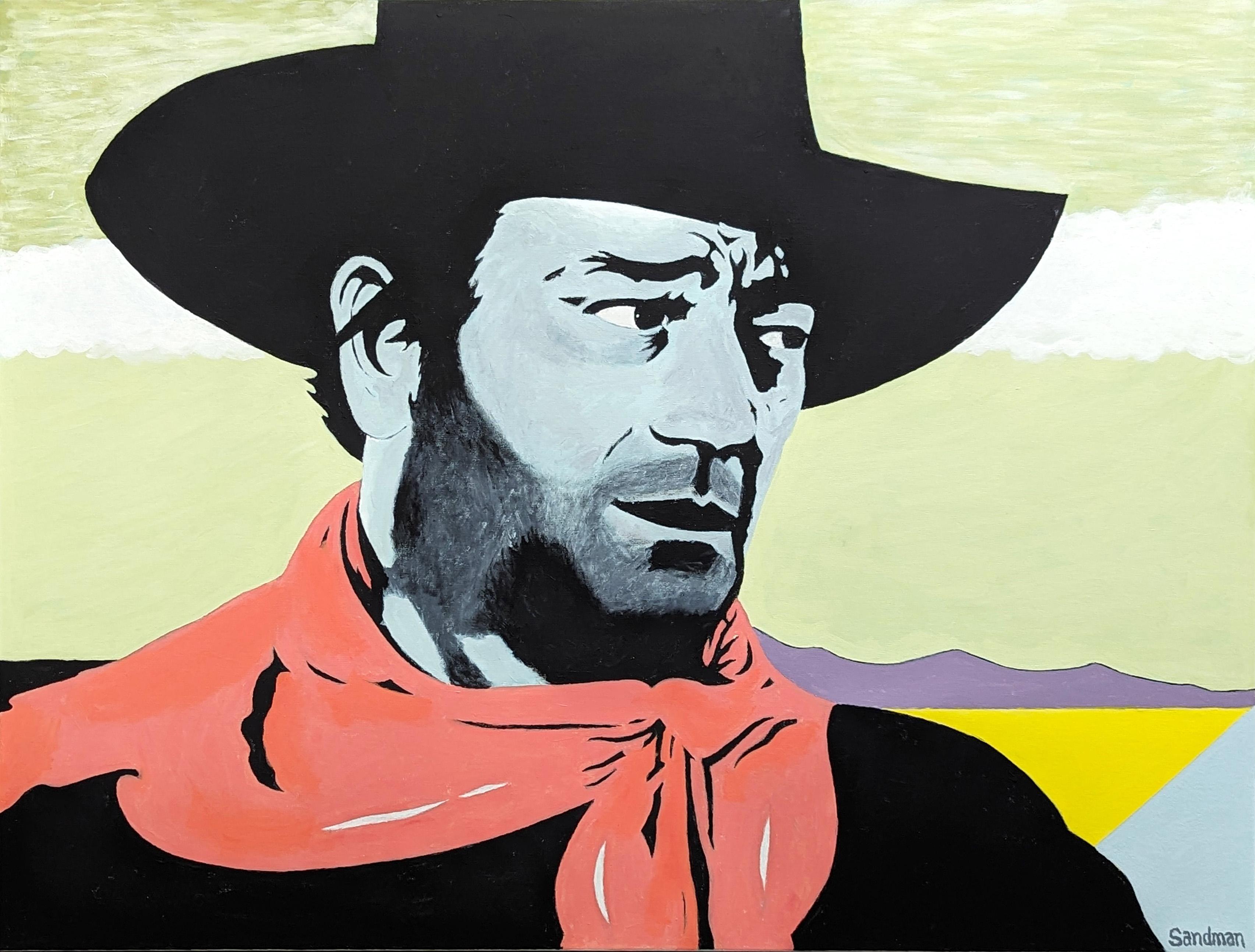 Colorful contemporary portrait of famous movie star John Wayne by Texas-based artist Robert Sandman. The work features a realistic portrayal of the actor dress in his iconic cowboy attire depicted in bold, pastel tones. Signed by the artist in the