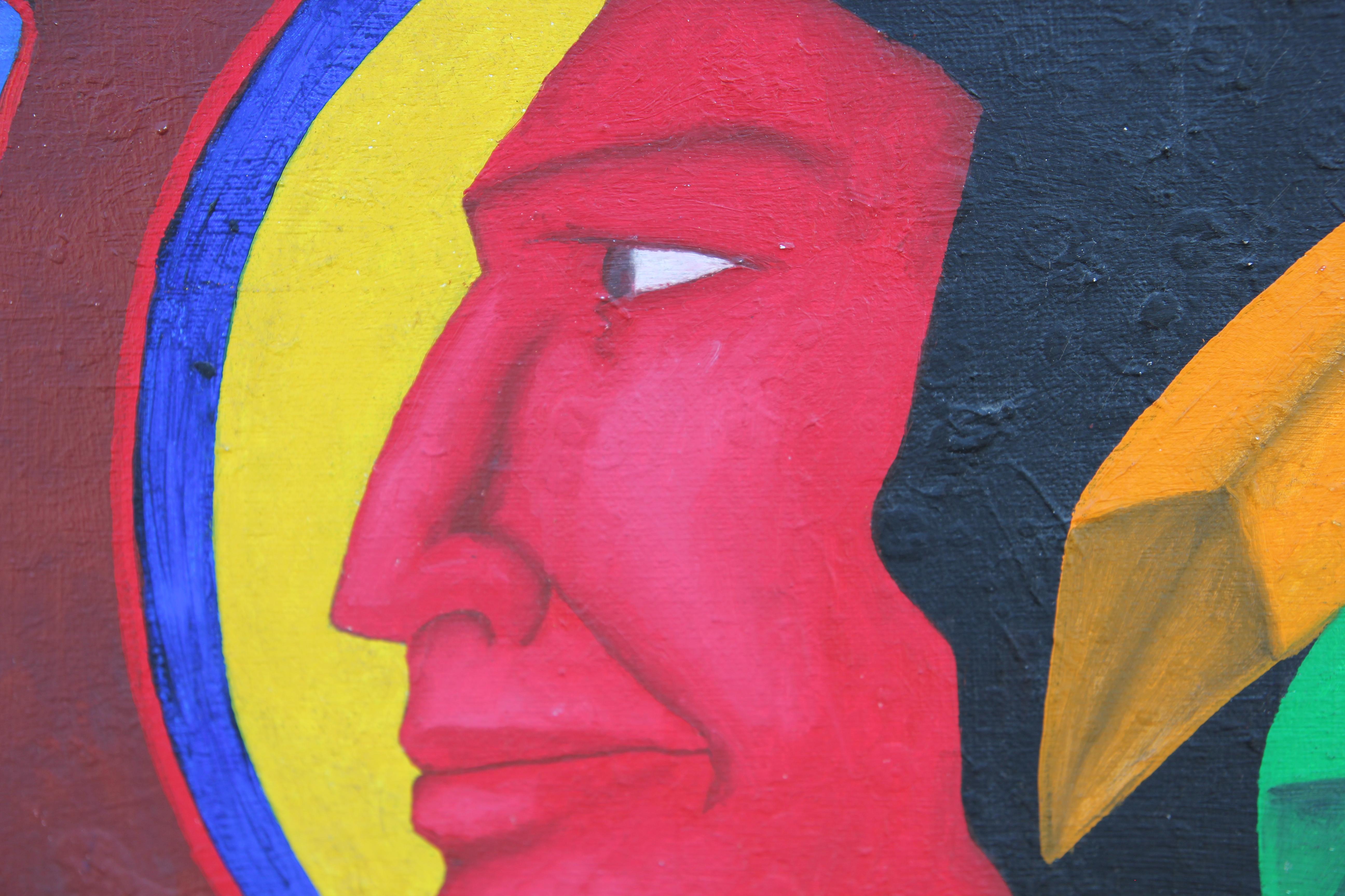 Colorido retrato abstracto moderno pintado por el artista tejano Robert Sandman. La obra muestra a un hombre fumando por detrás mientras lleva una chaqueta con un retrato de un indio americano. Firmado en la esquina inferior izquierda de la parte