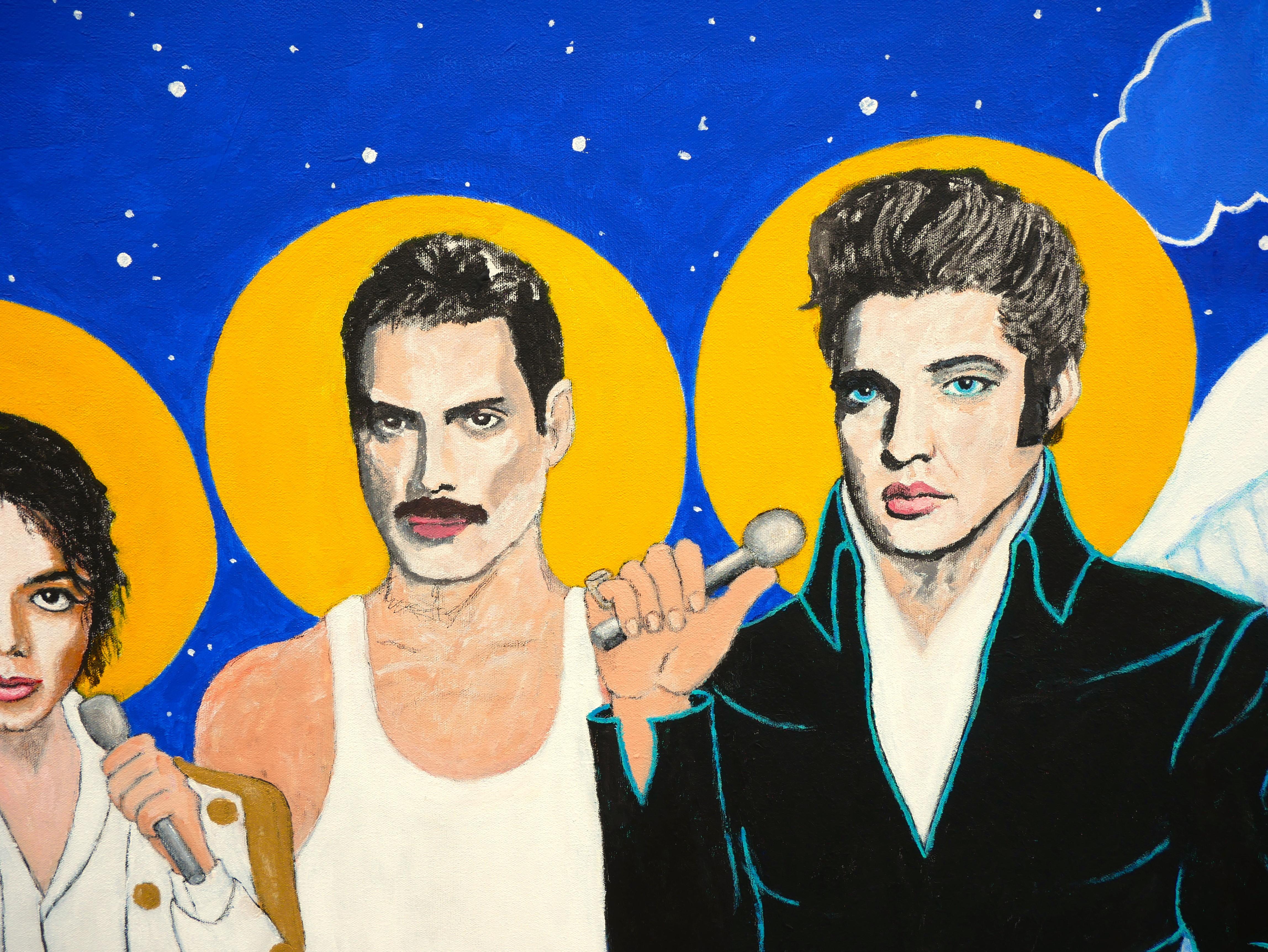 Colorful contemporary portrait of famous musicians by Texas-based artist Robert Sandman. The work features realistic portraits of five deceased musicians depicted with wings and halos. Musicians from left to right: Jimi Hendrix, Jim Morrison,