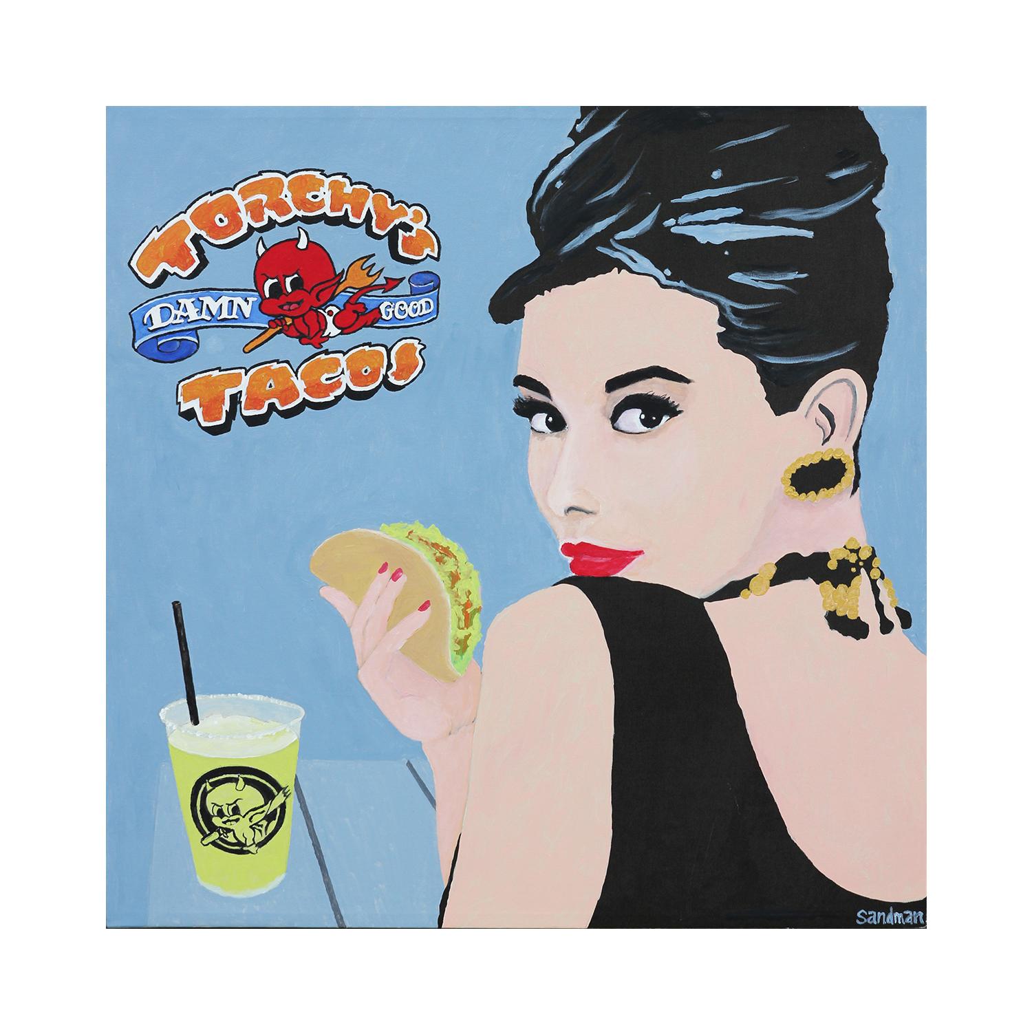 Contemporary Breakfast At Torchy's Tacos Audrey Hepburn Pop Art Portrait - Painting by Robert Sandman