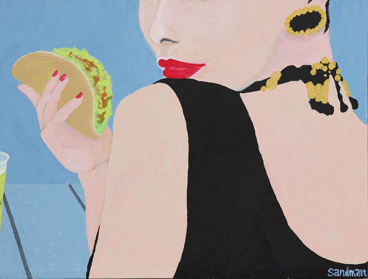 Contemporary Breakfast At Torchy's Tacos Audrey Hepburn Pop Art Portrait - Gray Abstract Painting by Robert Sandman