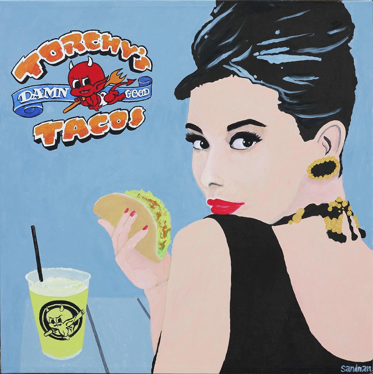 Robert Sandman Abstract Painting - Contemporary Breakfast At Torchy's Tacos Audrey Hepburn Pop Art Portrait