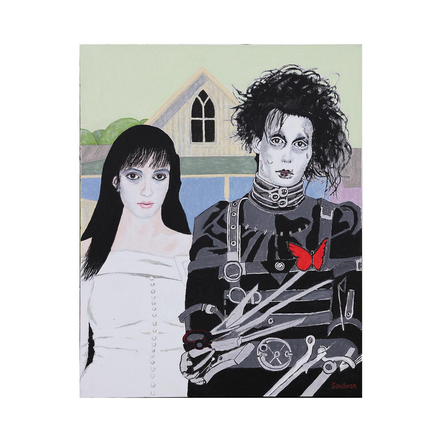 Contemporary Pastel Toned American Gothic Style Edward Scissorhands Pop Art - Painting by Robert Sandman